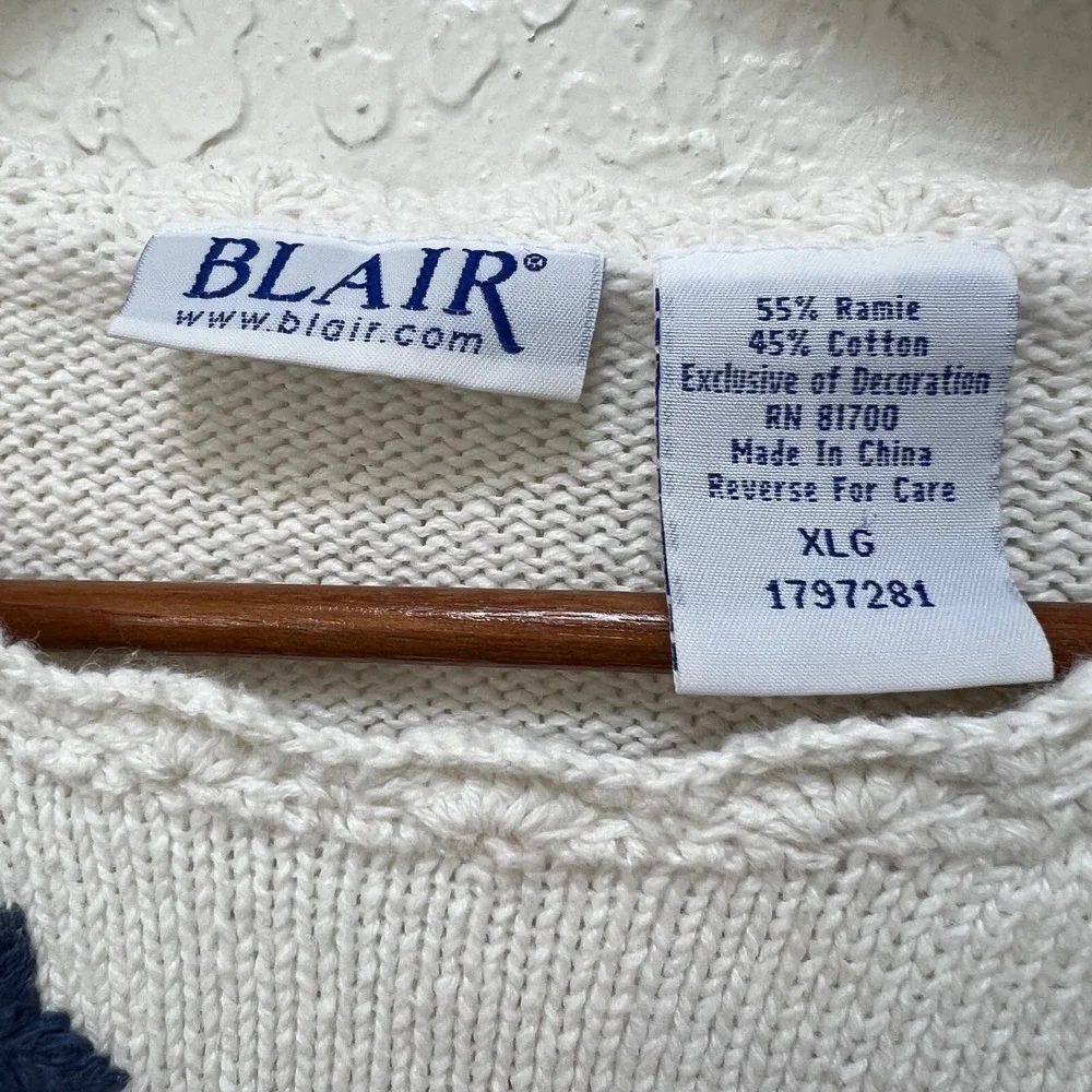 Blair Women XL Cream Cable Knit Floral Embroidered Pearl Sweater VTG Cottagecore